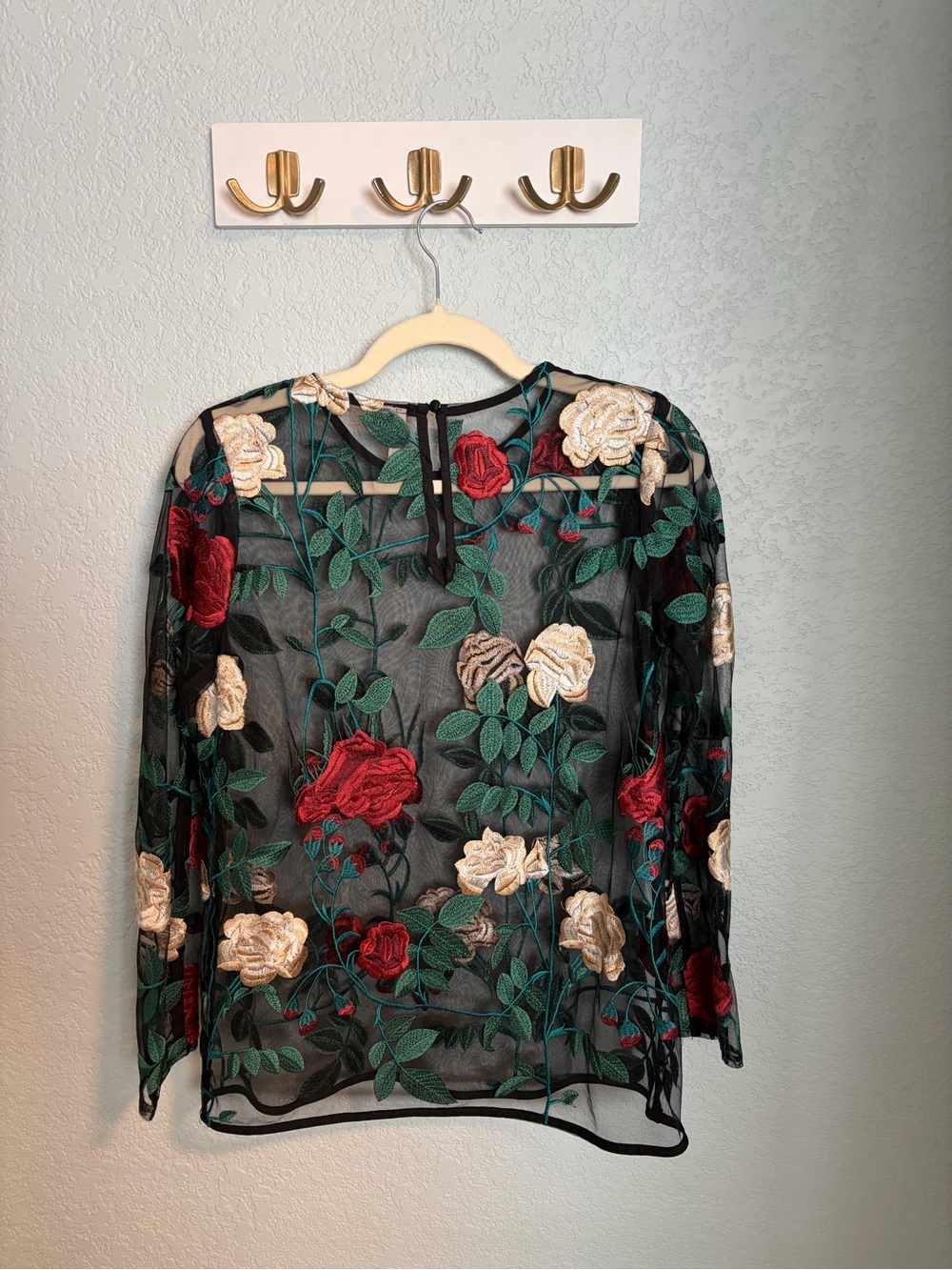 Ultra Pink Embroidered Floral Mesh Long-Sleeve Top Black with Red & Cream Roses - Picture 6 of 6